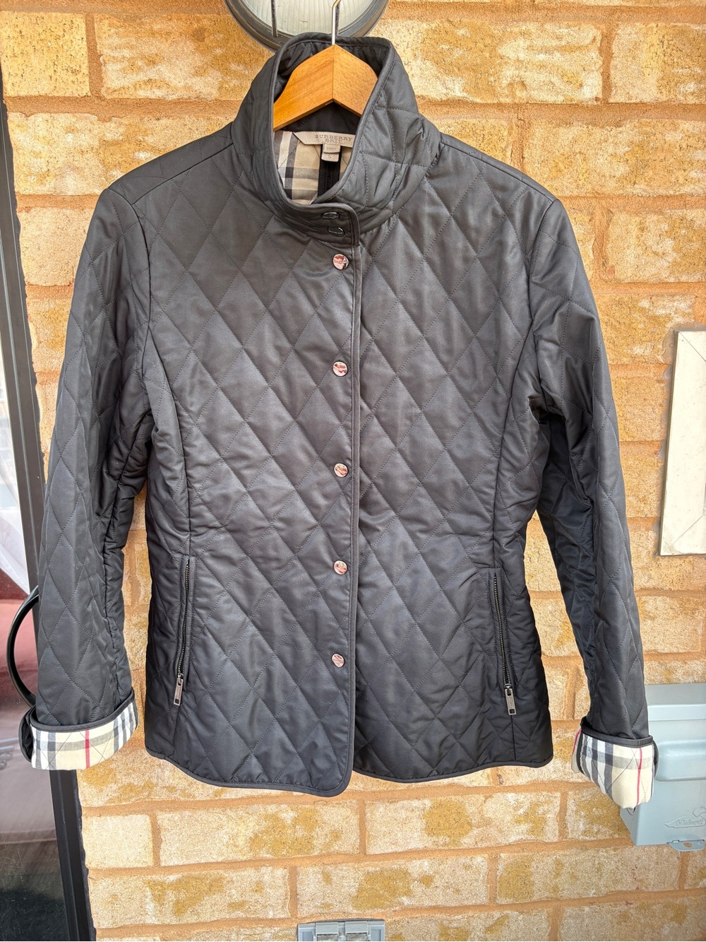 Women’s Quilted Black Burberry Jacket with Stand Collar